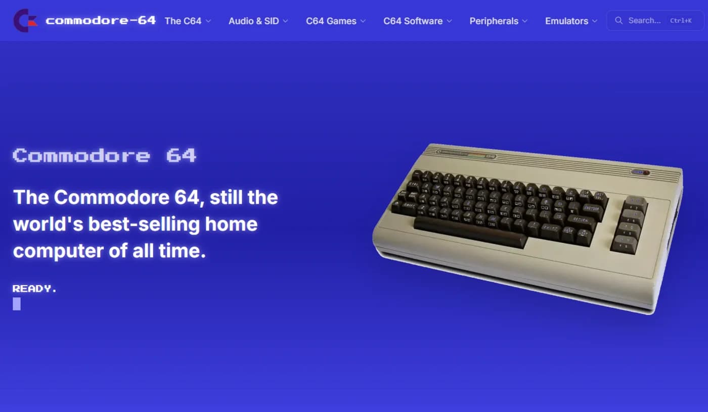 Screenshot of commodore-64.eu, multilingual encyclopedia about the Commodore 64 in English, German, French and Spanish