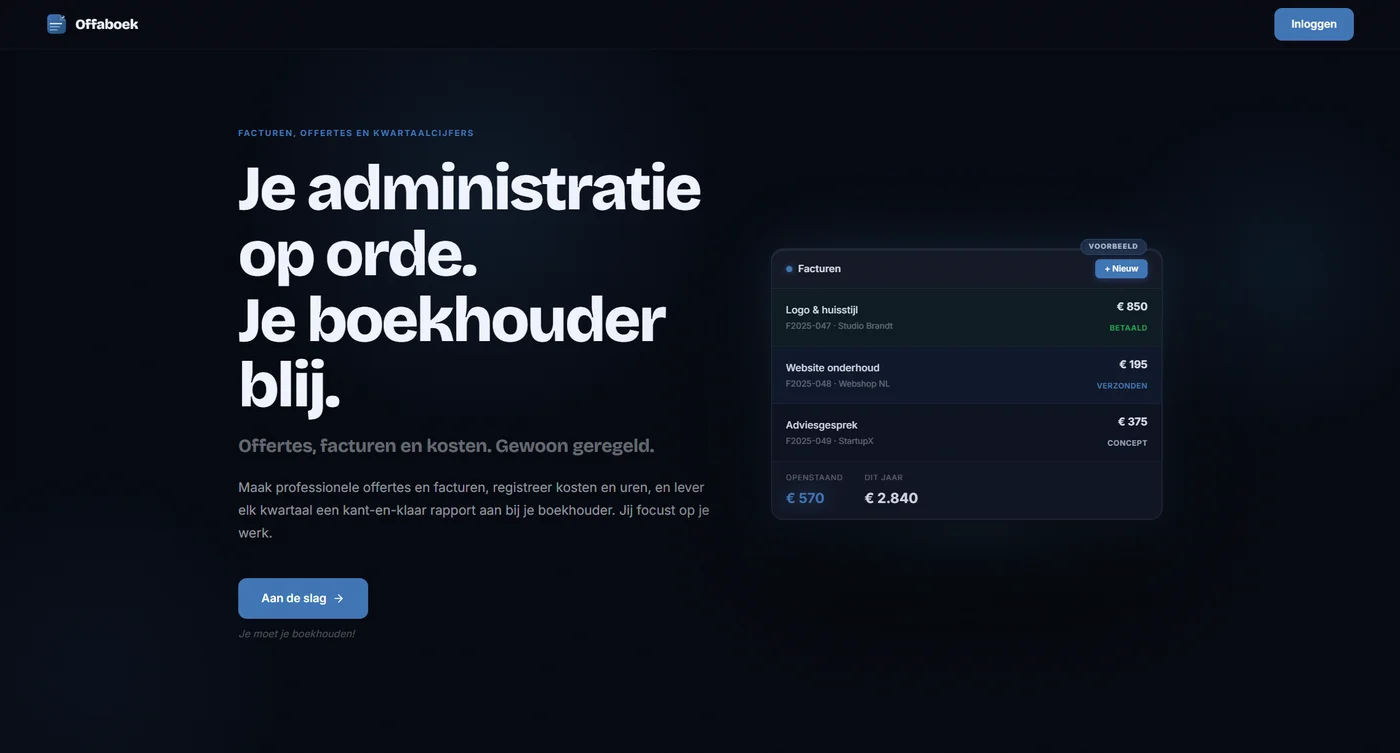 Screenshot of offaboek.nl, own SaaS invoicing app for Dutch self-employed with AI receipt processing